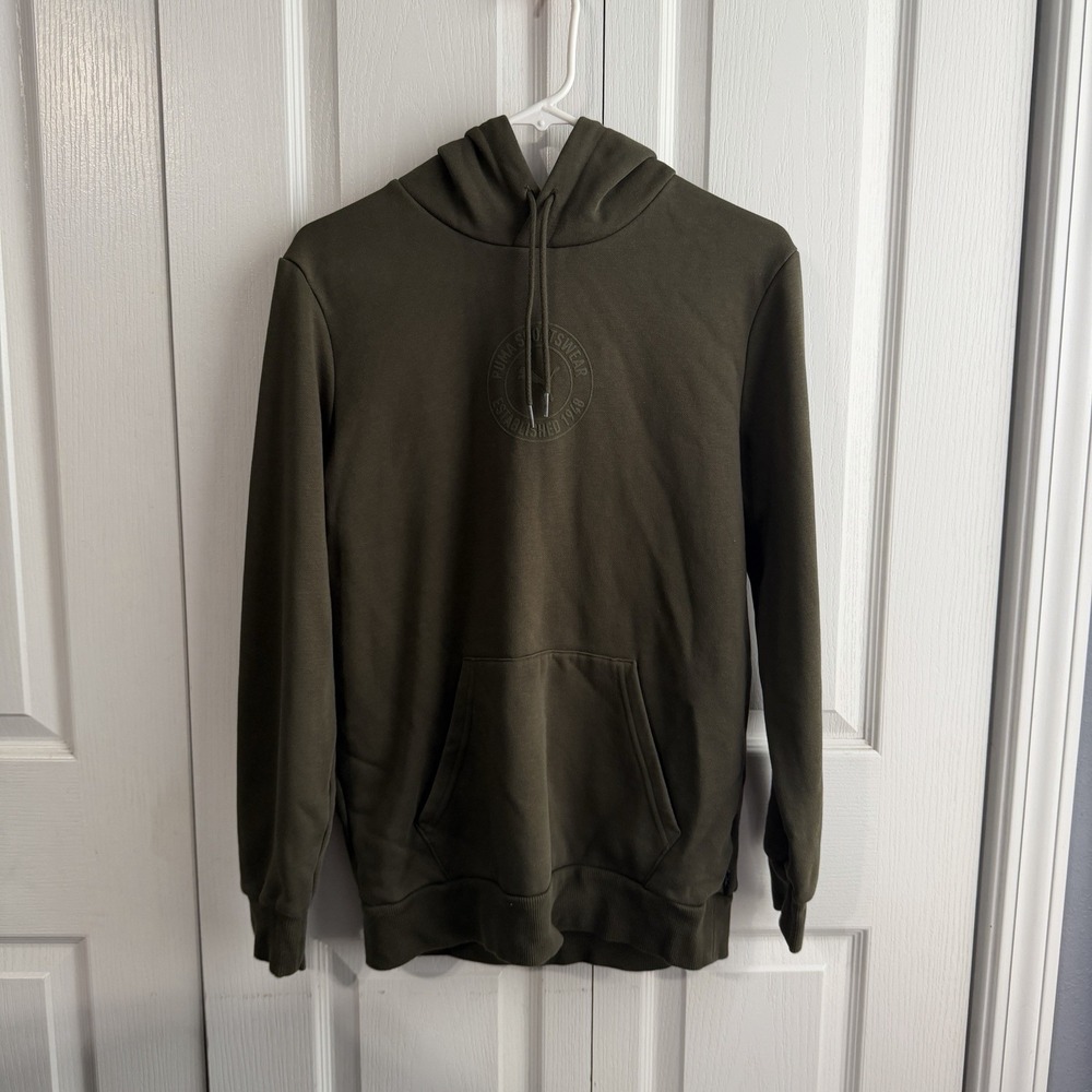 Puma‎ Tolan Dark Olive Logo Hoodie Men's Size Small Travel Active Workout Gym
